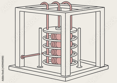Quantum bit (qubit) array suspended inside a dilution refrigerator system, surrounded by coils and copper tubing, modern flat illustration style