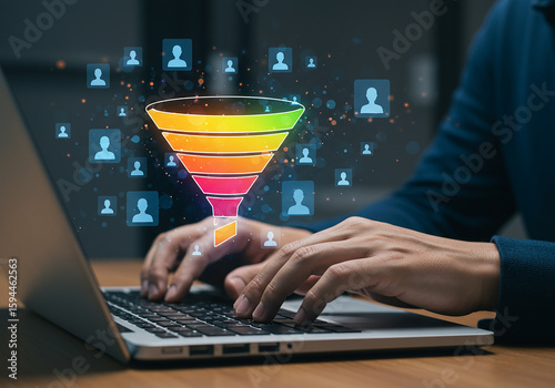 Person using laptop with a digital sales funnel and customer icons
