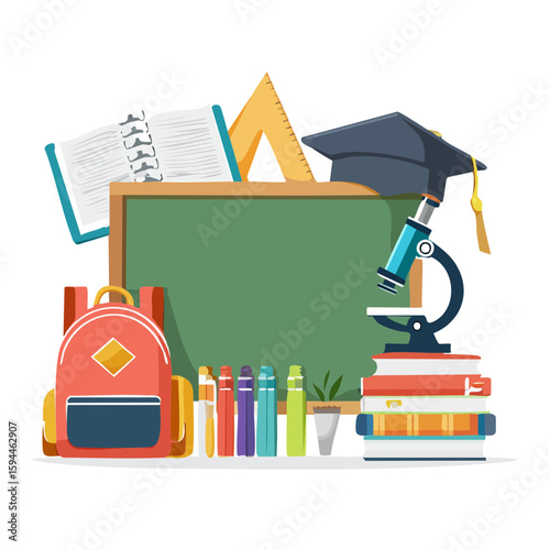 Education's Essence: A vibrant illustration, featuring a tableau of educational elements, a metaphor for learning and discovery. A blackboard stands central, symbolizing a journey through books.