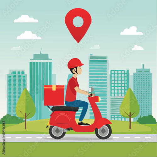 Swift Delivery: A cheerful delivery person on a scooter swiftly navigates a city, a vibrant illustration captures the essence of speed and convenience in urban logistics.