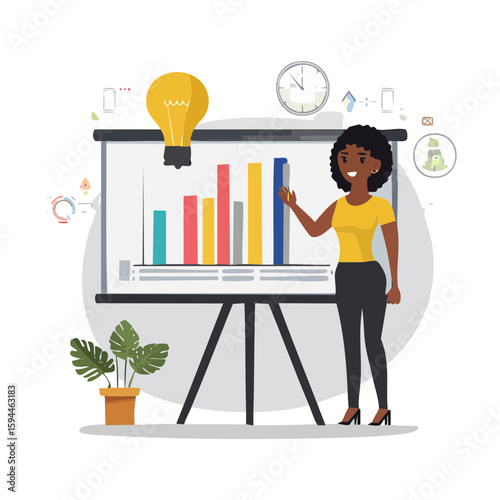 Ideas and Insights: An energetic businesswoman in a dynamic graphic illustrates an insightful presentation with graph, lightbulb and a plant.