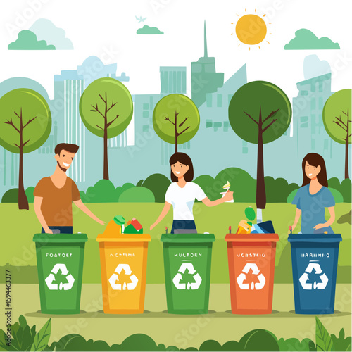 Sorting for Tomorrow: Illustration of people taking part in sustainable waste disposal. Depicting the commitment to a cleaner, healthier planet with this graphic