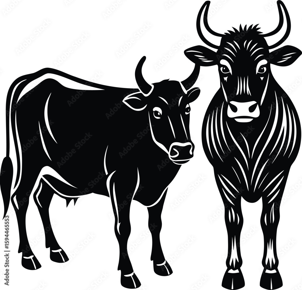 Fototapeta premium Majestic Bulls Elegant Black and White Stylized Cow Illustrations