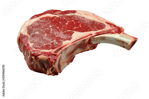 Prime raw beef ribeye steak with bone marbling and fat isolated on transparent background