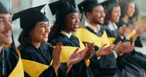 Photography Happy woman, applause and graduation with success at college for achievement, goal or education event