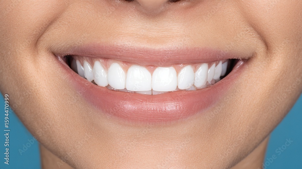 Obraz premium Close-up of healthy white teeth with clean gums against a blue gradient background.