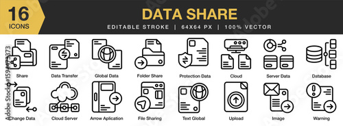 Data Share icon set. Editable Stroke Icon Collection. Includes data, share, cloud, upload, download, and More. Outline icons vector collection.