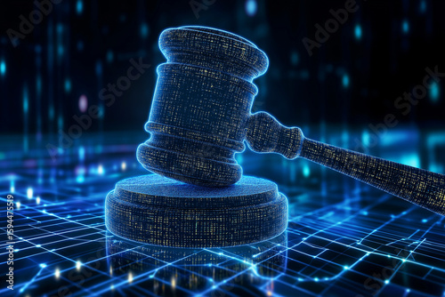 Representing cybersecurity law enforcement, the digital gavel is a symbol within a high-tech virtual space