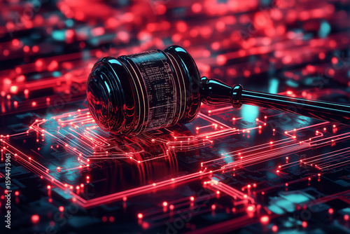 A digital gavel surrounded by glowing circuits, symbolizing the intersection of law and technology in a modern, high-tech judicial environment