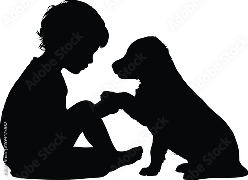 Silhouette of a Child and Puppy Paw Touch on White Background
