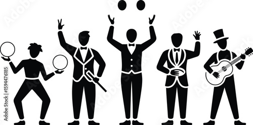 Black and white illustration of five figures performing circus acts and playing guitar