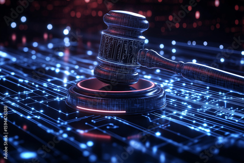 Futuristic gavel striking cyber table with penalty symbol digital courtroom high-tech environment