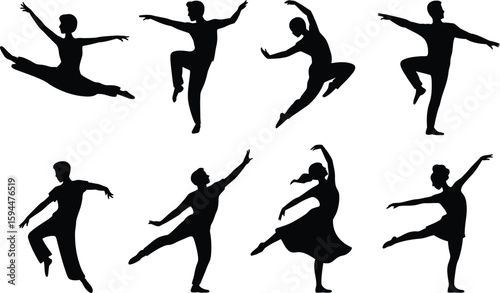 Black Silhouettes of Dancers in Various Poses on White Background
