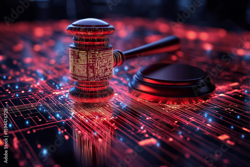 Futuristic gavel striking cyber table with penalty symbol digital courtroom high-tech environment