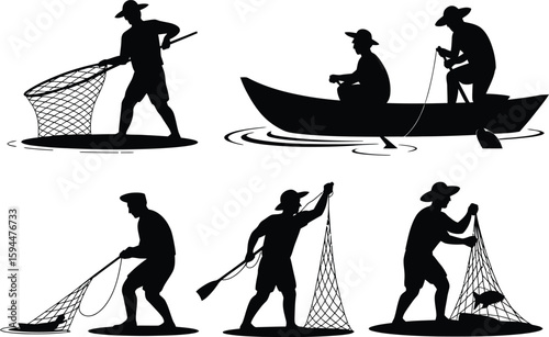 Silhouetted Fishermen with Nets and Boats Catching Fish in Black and White