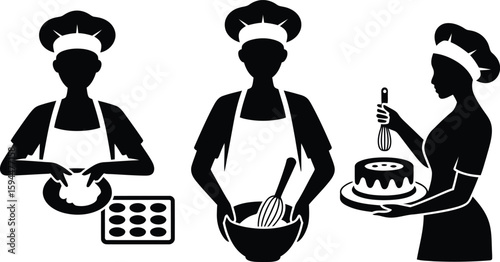 Black and White Bakers Preparing Food with Cake and Baking Tools