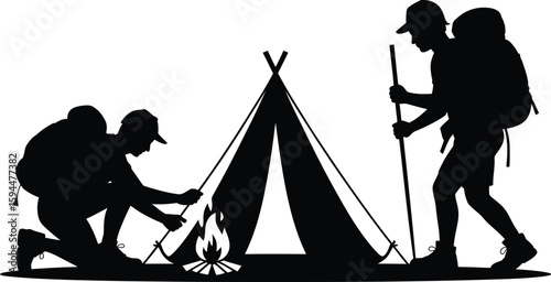 Black Silhouette Camping Scene with Tent Campfire and Backpackers