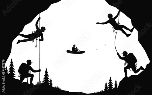 Black and White Silhouette of Climbers and Kayaker in a Cave
