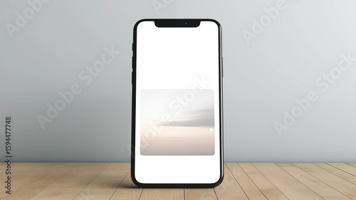 A realistic 3D render of a modern smartphone with a blank white screen.