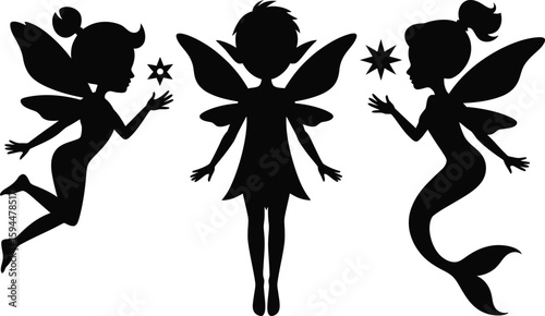 Black Fairy Silhouettes with Wings and Stars on White Background