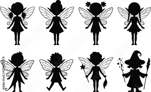 Black Silhouettes of Fairies and a Witch with Wings and Accessories