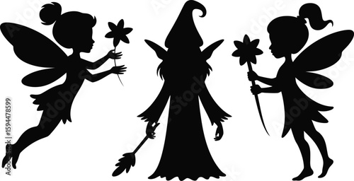 Black Silhouette Fairies and Witch with Flower Wands on White Background