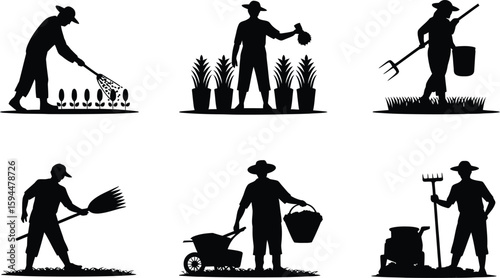 Silhouetted Gardeners Performing Various Tasks with Tools and Plants