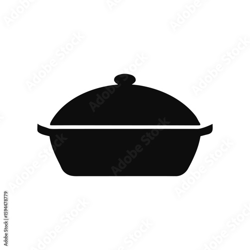 Simple black and white illustration of a covered casserole dish perfect for cooking and baking