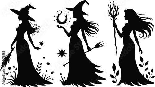 Black Witch Silhouettes with Hats Dresses and Magic Elements on White Background