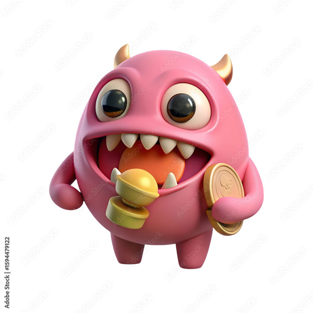 Fototapeta premium Cute pink monster with horns eating snacks isolated on transparent background