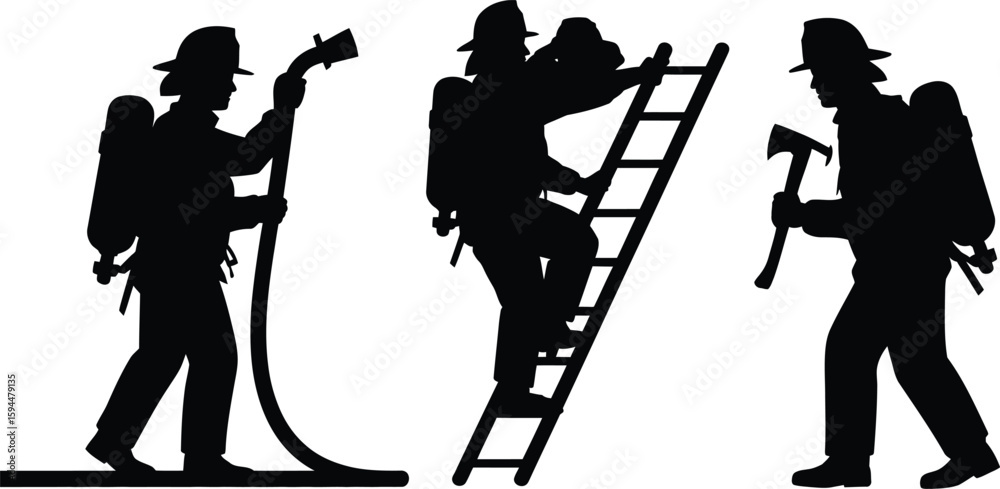 Fototapeta premium Black Silhouettes of Firefighters with Equipment on White Background