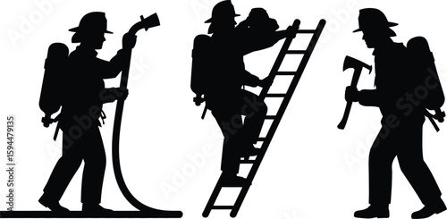 Black Silhouettes of Firefighters with Equipment on White Background