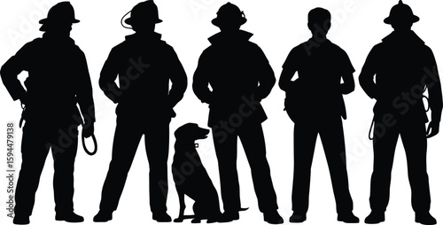 Silhouetted Firefighters and Dog Standing in a Row Against White Background