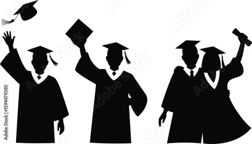 Silhouetted Graduates Celebrating Graduation Ceremony with Mortarboards and Diploma
