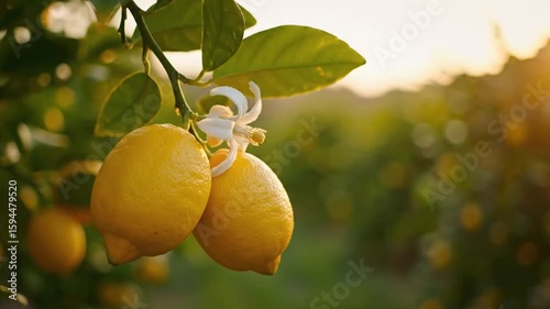 Lemon blossom and lemons on a tree at sunset, dolly push in