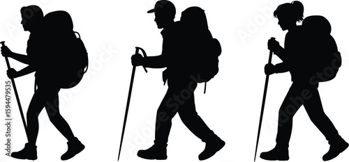 Silhouettes of Hikers with Backpacks and Trekking Poles Walking on White Background