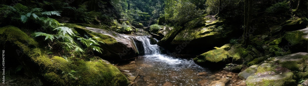 Fototapeta premium Panoramic 360 degrees hdr nature landscape with stream in lush forest environment