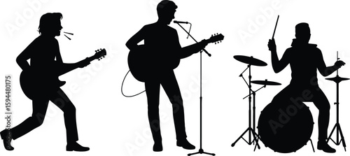 Silhouette Band Performing with Electric Guitar Acoustic Guitar and Drum Set