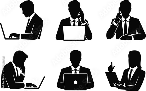 Silhouetted Business Professionals with Laptops and Phones