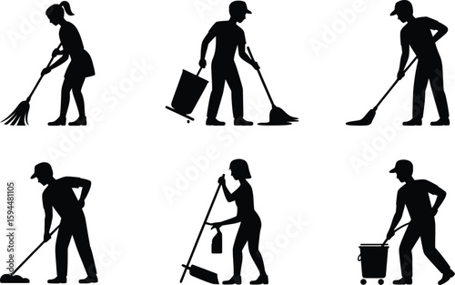 Silhouettes of People Cleaning with Brooms Mops Buckets and Spray Bottles