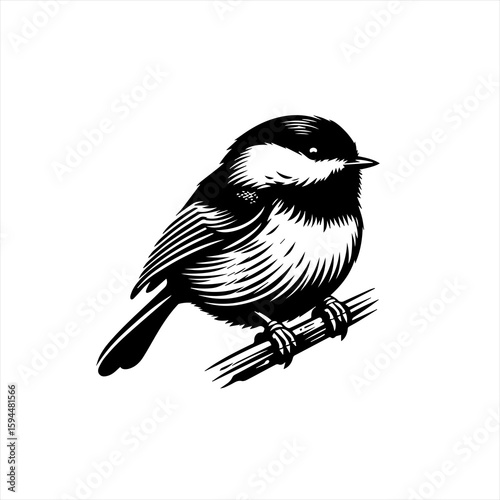 Black and White Chickadee Perched on Branch.