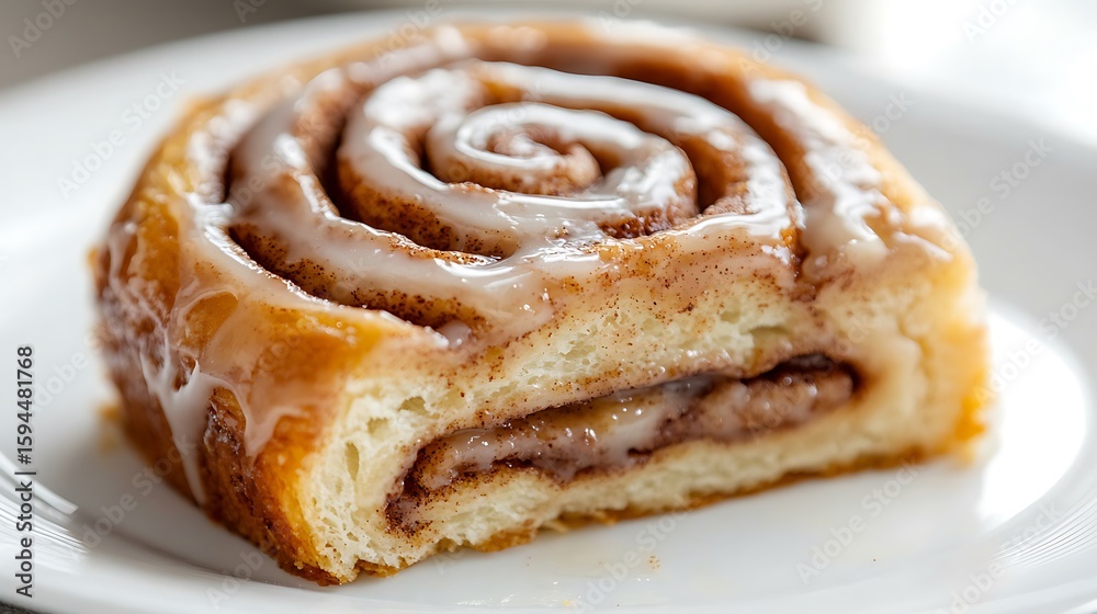 Fototapeta premium Close-up of a Glazed Cinnamon Roll on a White Plate