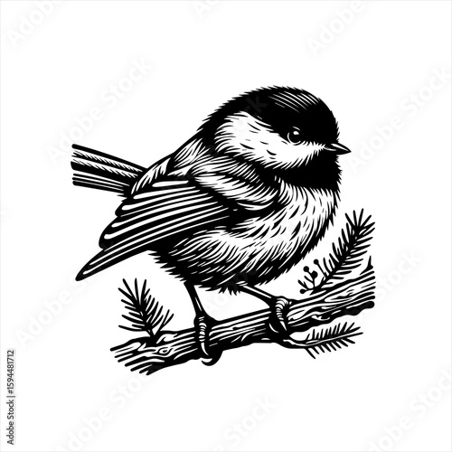 Black and White Chickadee Perched on Pine Branch.