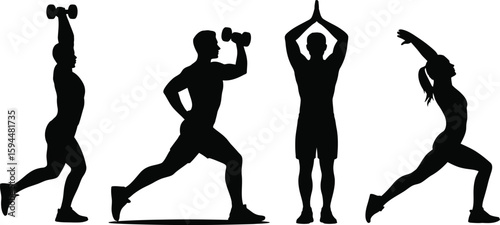 Silhouetted Figures Performing Fitness Exercises with Dumbbells and Poses