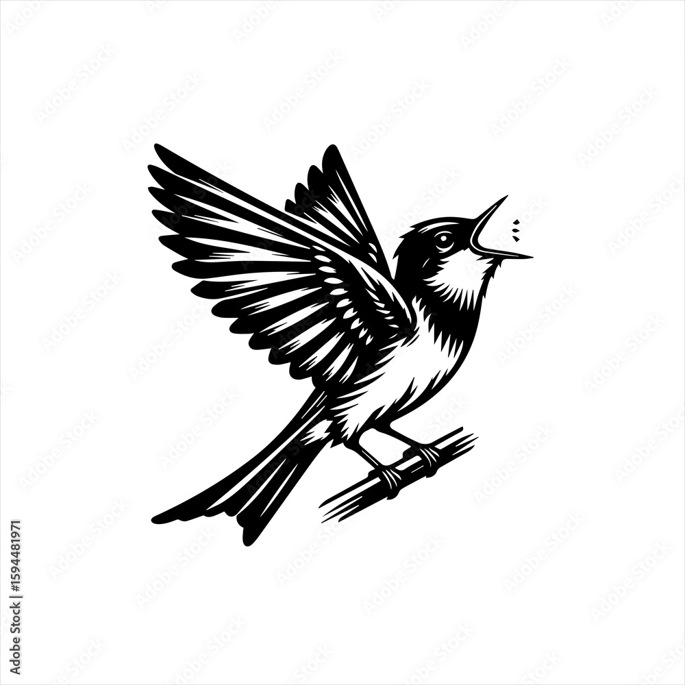 Naklejka premium Black Silhouette of a Bird Singing on a Branch.