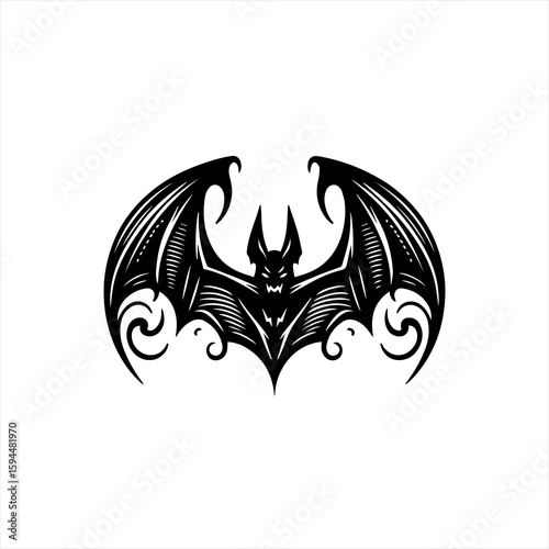 Black Silhouette of a Fierce Bat with Wings Spread.