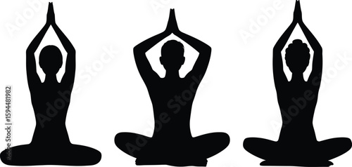 Black Silhouettes of People in Yoga Positions with Hands Raised