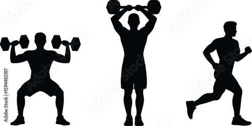 Silhouettes of Fitness Activities Weightlifting Running and Squatting