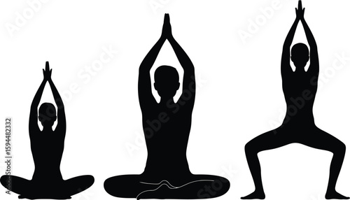 Black Silhouettes of Yoga Poses on White Background