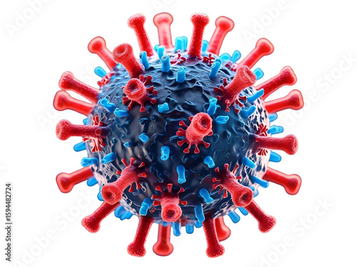 3D illustration of virus cell with red spike proteins and blue receptors, representing infectious disease, global health, and microbiology concepts on a black background.